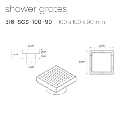 Radiant Slotted Square Shower Grate - 100 mm + 90mm outlet - Brushed Satin