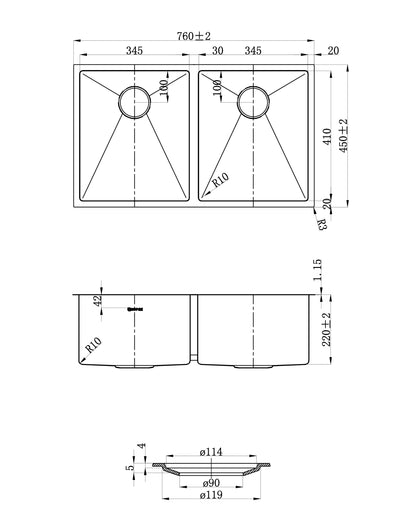 Arte Sink 76D 760X450X220X1.2 Sink With Clips & R10 Round Conner & Inside Width 410mm Edge 20mm