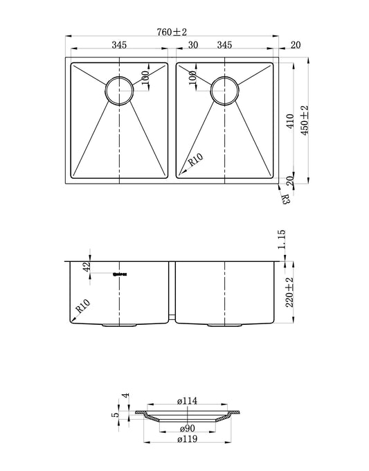Arte Sink 76D 760X450X220X1.2 Sink With Clips & R10 Round Conner & Inside Width 410mm Edge 20mm