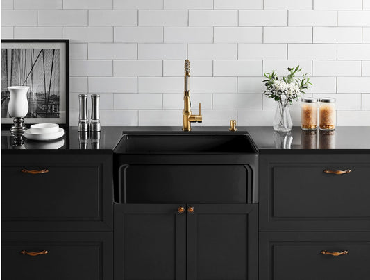 758mm Kensington Fireclay Farmhouse Sink - Hamptons & Flat Reversible - Matte Black