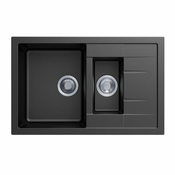 Carysil Black 1 and 1/4 Bowl Drainer   Granite Kitchen Sink Top/Flush/Under Mount - 780x500x205mm