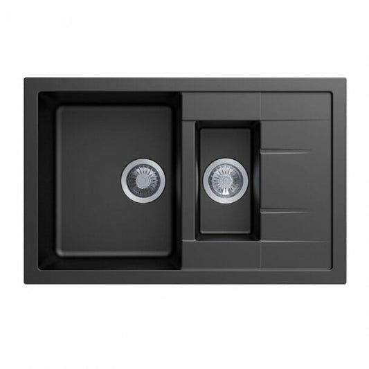 Carysil Black 1 and 1/4 Bowl Drainer   Granite Kitchen Sink Top/Flush/Under Mount - 780x500x205mm