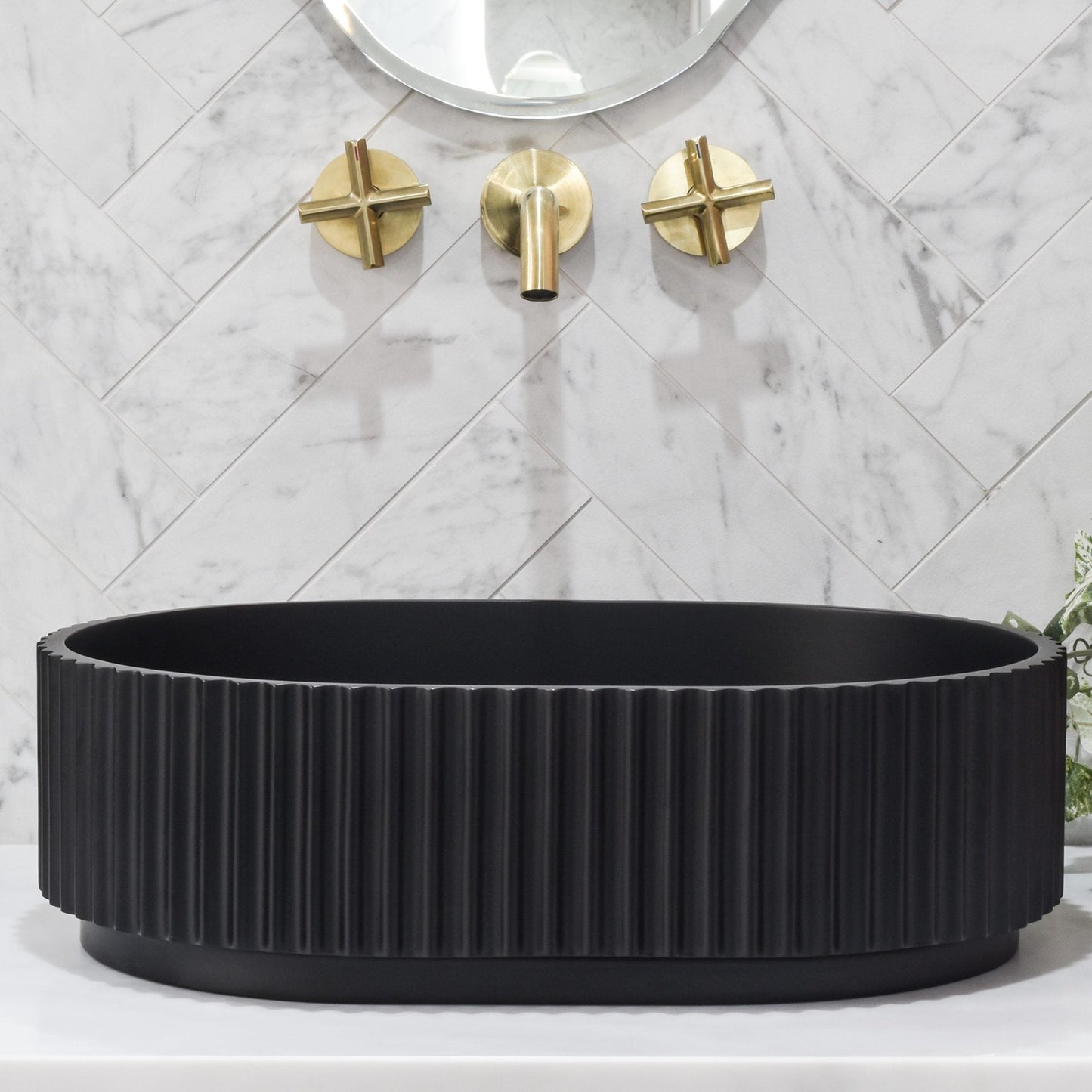Stadio Groove Above Counter Artificial   Stone - Fluted - Matt Black - Oval - 480mm