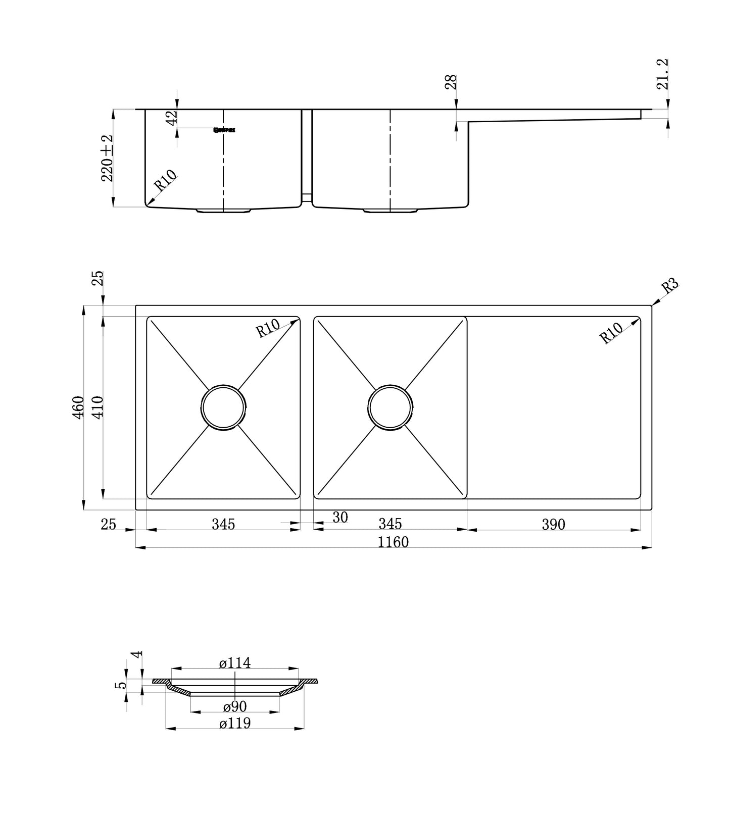Axon Sink 1160X460X220X1.2 Sink With Clips & R10 Round Conner & Inside Width 410mm Edge 25mm