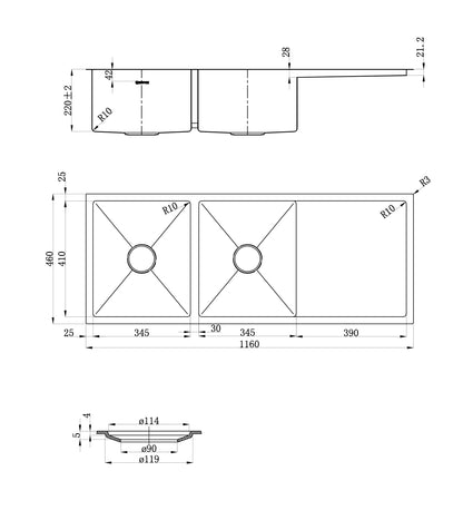Axon Sink 1160X460X220X1.2 Sink With Clips & R10 Round Conner & Inside Width 410mm Edge 25mm