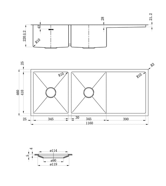 Axon Sink 1160X460X220X1.2 Sink With Clips & R10 Round Conner & Inside Width 410mm Edge 25mm