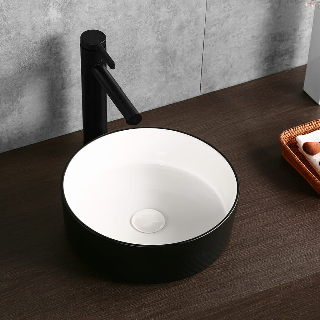 Polar - 360mm Matte Black & Matte White Arrow Round Textured Exterior Ceramic Above Counter Basin - CLA-524BS-TMB