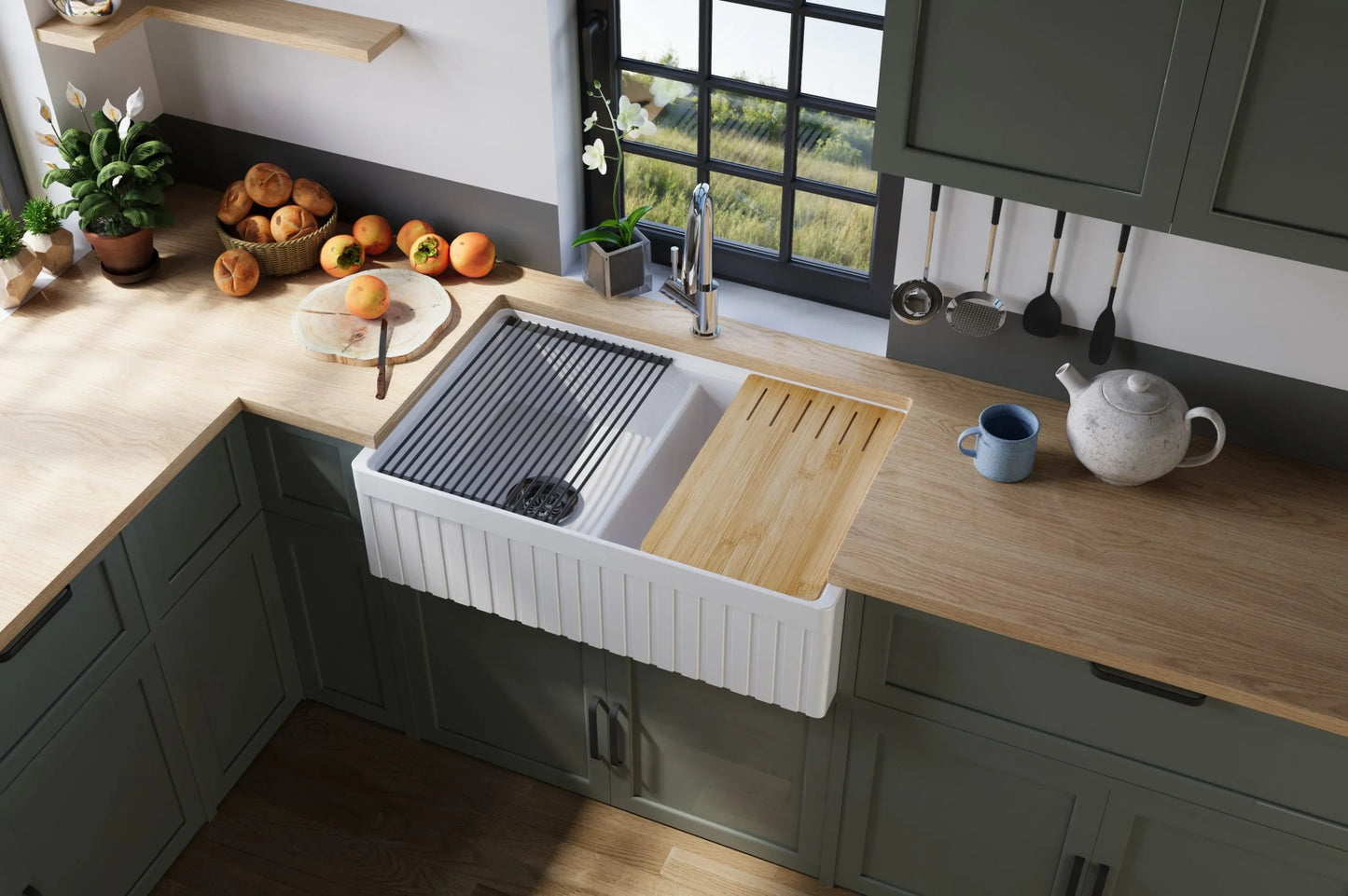 835mm Greenwich Fireclay Farmhouse Double Sink with Workstation - Fluted & Flat Reversible - Gloss White