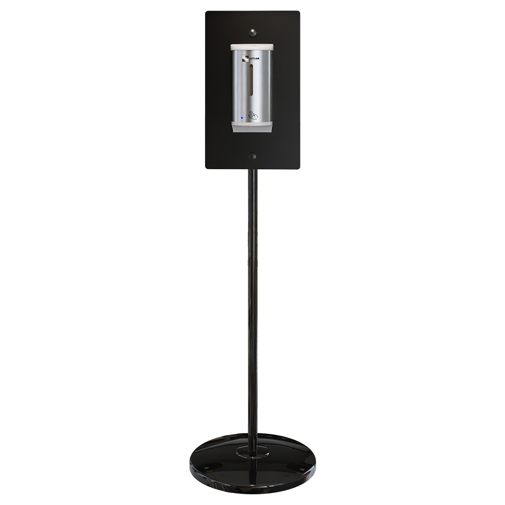 Hygiene Station with White Stand & Stainless Steel Sanitiser Dispenser - Finish: White Powder Coat & Satin Stainless Steel