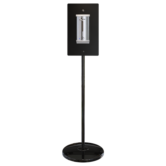 Hygiene Station with White Stand & Stainless Steel Sanitiser Dispenser - Finish: White Powder Coat & Satin Stainless Steel