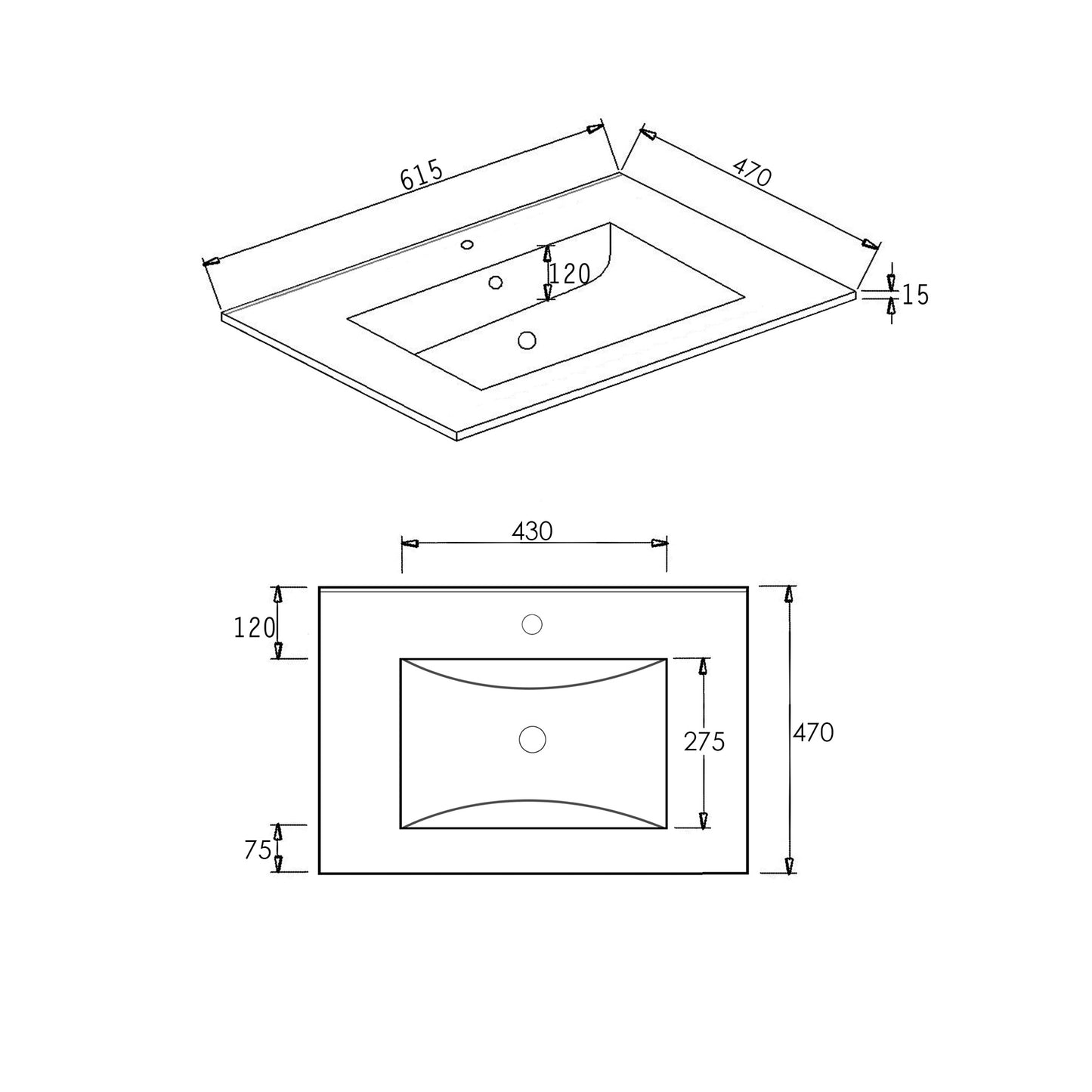 Slim Line Ceramic Top 600x460x170 with Taphole & Overflow