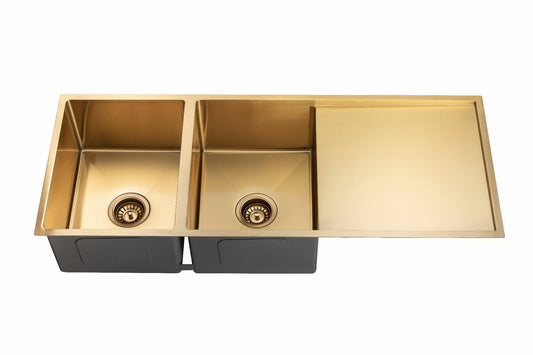 Round Corner Stainless Steel Brushed Gold PVD Coating Double Bowl with Drain Board Kitchen Sink - 1160x460x230mm