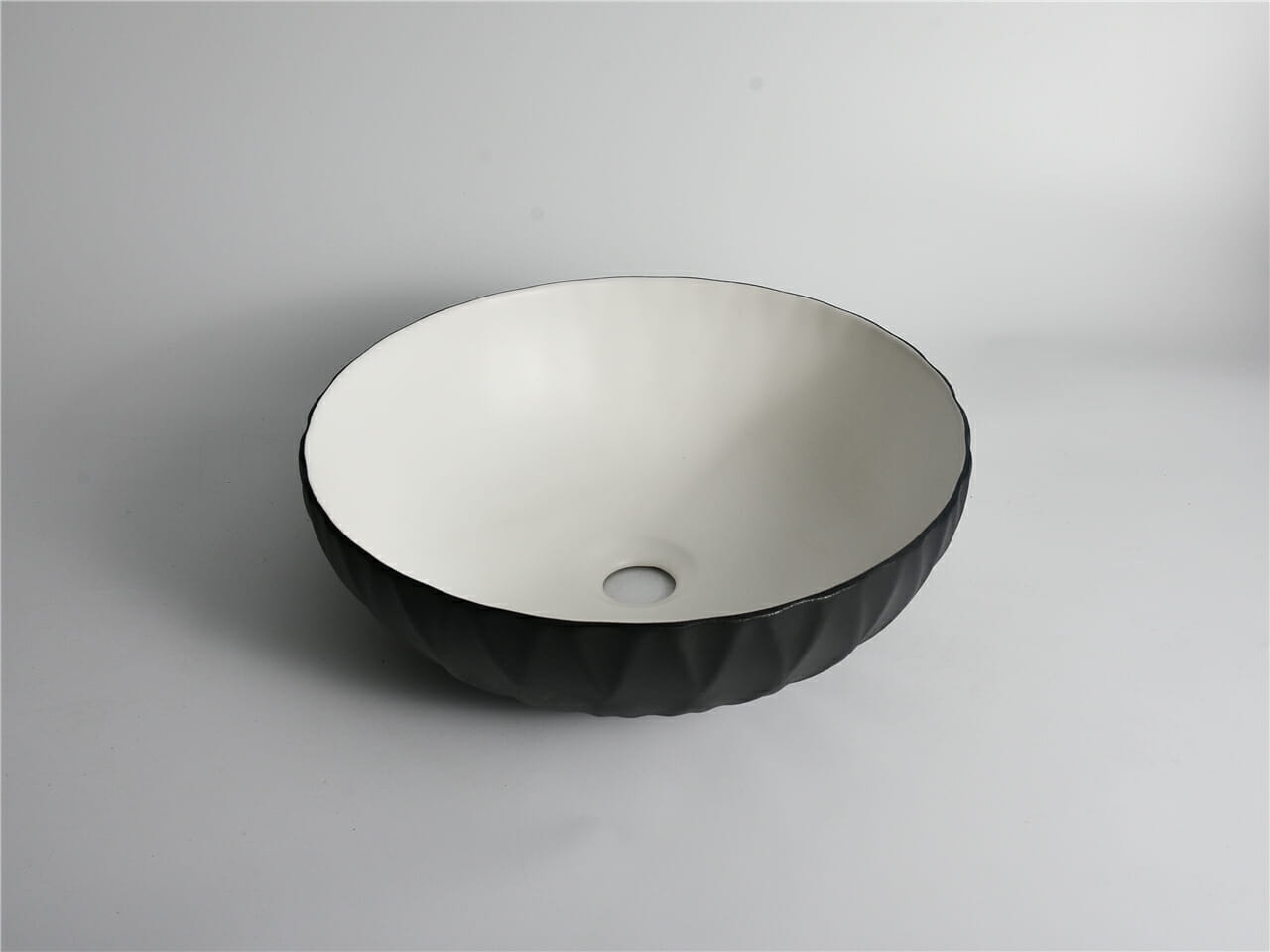 Polar - 400mm Matte Black & Matte White Rubby Round Textured Exterior Ceramic Above Counter Basin - CLA-435H-TMB