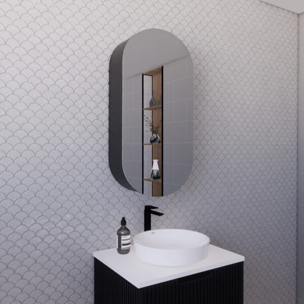 450mm Matt black Matt black Oval shape 1 Door shaving cabinet with 2 adjustable glass shelves and 1 fixed shelf, whloe body is made by plywood - 450 x 870 x 140