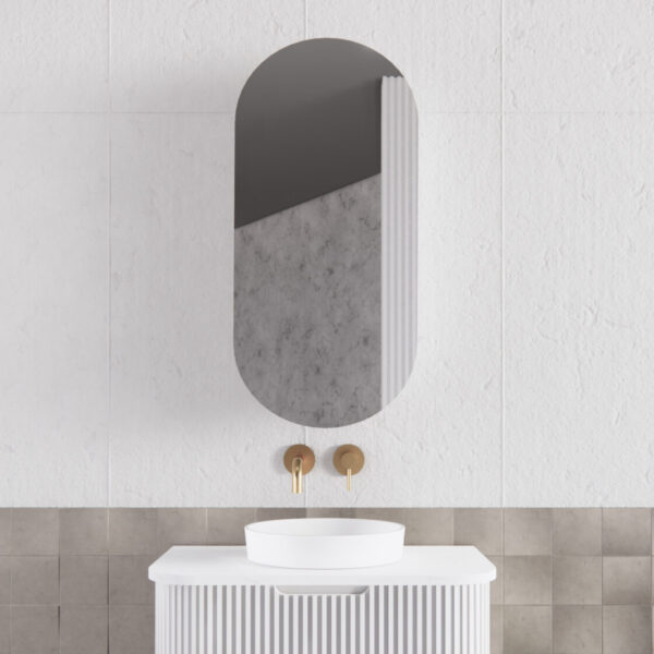 450mm Matt white Matt white Oval shape 1 Door shaving cabinet with 2 adjustable glass shelves and 1 fixed shelf, whloe body is made by plywood - 450 x 870 x 140