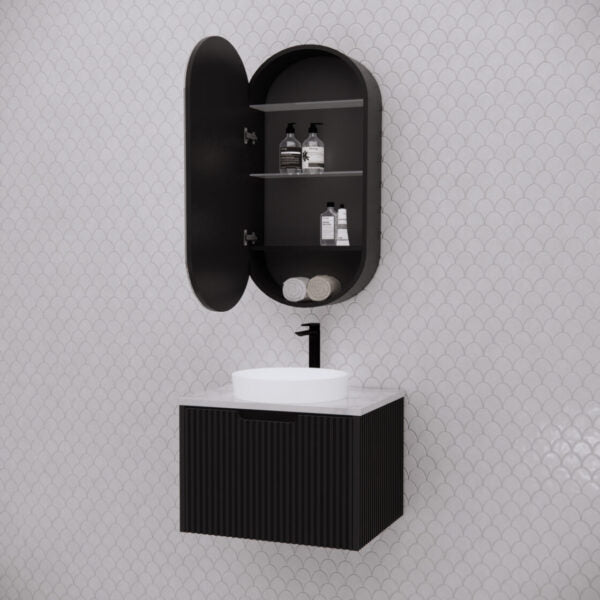 450mm Matt black Matt black Oval shape 1 Door shaving cabinet with 2 adjustable glass shelves and 1 fixed shelf, whloe body is made by plywood - 450 x 870 x 140
