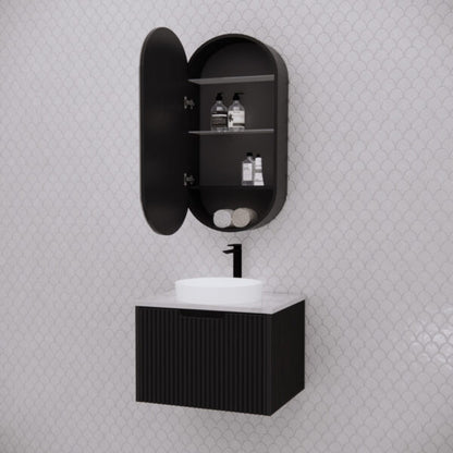 450mm Matt black Matt black Oval shape 1 Door shaving cabinet with 2 adjustable glass shelves and 1 fixed shelf, whloe body is made by plywood - 450 x 870 x 140