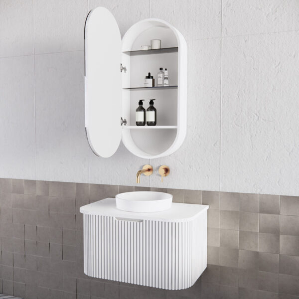 450mm Matt white Matt white Oval shape 1 Door shaving cabinet with 2 adjustable glass shelves and 1 fixed shelf, whloe body is made by plywood - 450 x 870 x 140