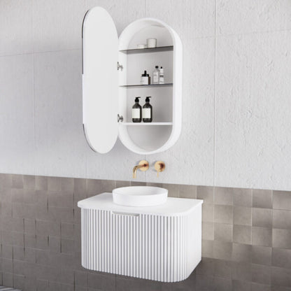 450mm Matt white Matt white Oval shape 1 Door shaving cabinet with 2 adjustable glass shelves and 1 fixed shelf, whloe body is made by plywood - 450 x 870 x 140