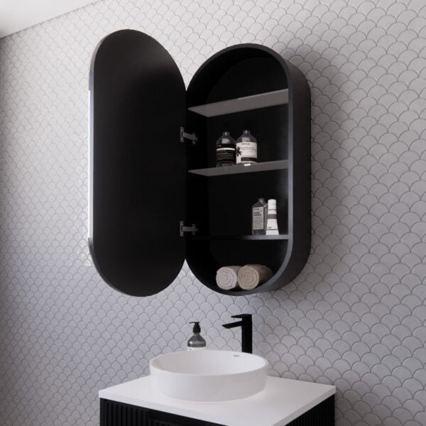 450mm Matt black Matt black Oval shape 1 Door shaving cabinet with 2 adjustable glass shelves and 1 fixed shelf, whloe body is made by plywood - 450 x 870 x 140
