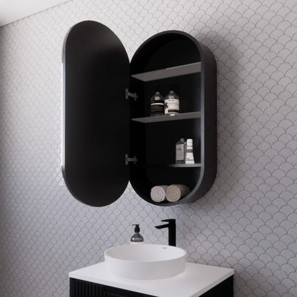 450mm Matt black Matt black Oval shape 1 Door shaving cabinet with 2 adjustable glass shelves and 1 fixed shelf, whloe body is made by plywood - 450 x 870 x 140