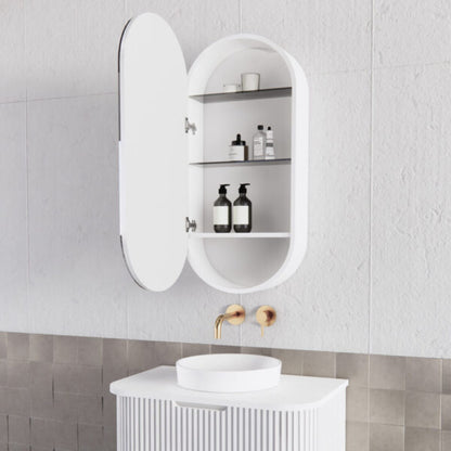 450mm Matt white Matt white Oval shape 1 Door shaving cabinet with 2 adjustable glass shelves and 1 fixed shelf, whloe body is made by plywood - 450 x 870 x 140