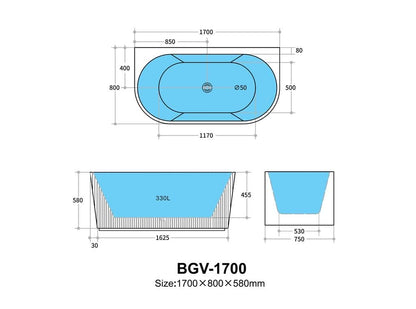 Wave Back To Wall Bathtub -  White - 1700mm | WAV-1700-GW / BGV1500GW