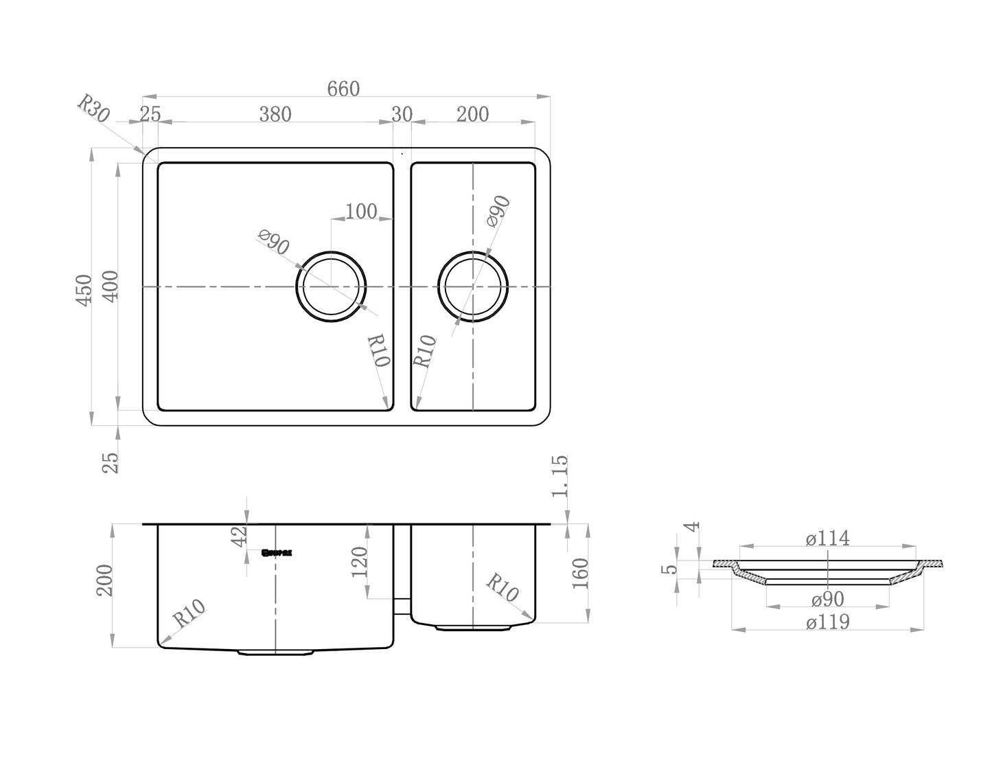 Arte Sink 66D 660X450X200/160X1.2