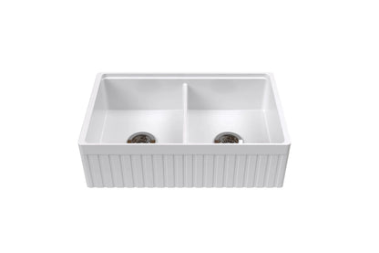 835mm Greenwich Fireclay Farmhouse Double Sink with Workstation - Fluted & Flat Reversible - Gloss White