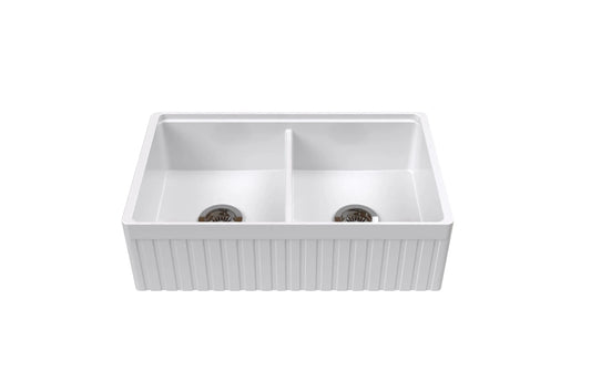 835mm Greenwich Fireclay Farmhouse Double Sink with Workstation - Fluted & Flat Reversible - Gloss White