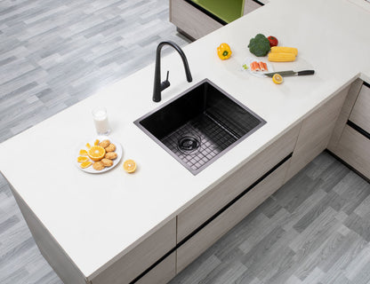 (C-500 Black)Round Corner Stainless Steel Gun Metal Grey PVD Coating Single Bowl Kitchen Sink(with Bottom Grid) 500*440*230mm
