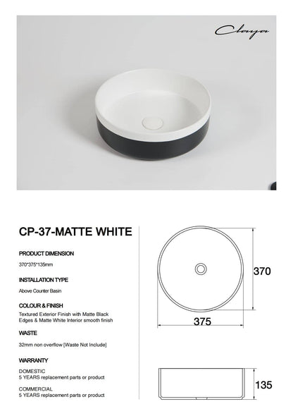 370mm Matte White & Matte Black Round Ceramic Basin | CP-37-MW