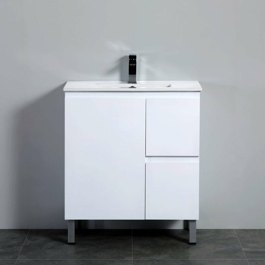 750mm PVC Waterproof Freestanding/Floor Vanity With Ceramic Top - Right Hand Drawers