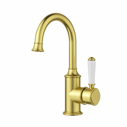 Clasico Gooseneck Basin Mixer Ceramic handle in Brushed Gold