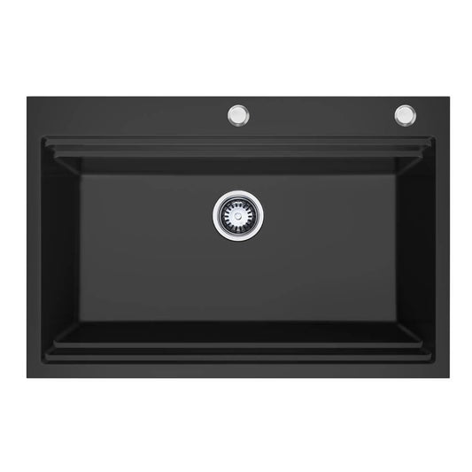 840mm Black Single Bowl Workstation Kitchen Sink with Steps - Granite