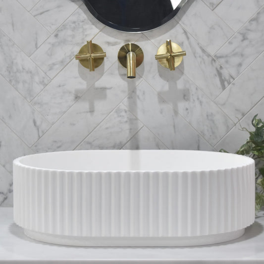 Stadio Groove Above Counter Artificial   Stone - Fluted - Matt White - Oval - 480mm