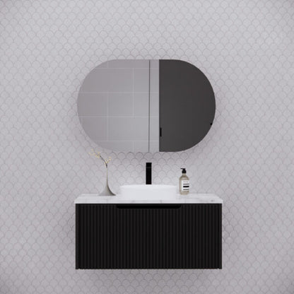 870mm Matt black Matt black Oval shape 2 Doors shaving cabinet with 4 adjustable glass shelves, whloe body is made by plywood - 870 x 600 x 140