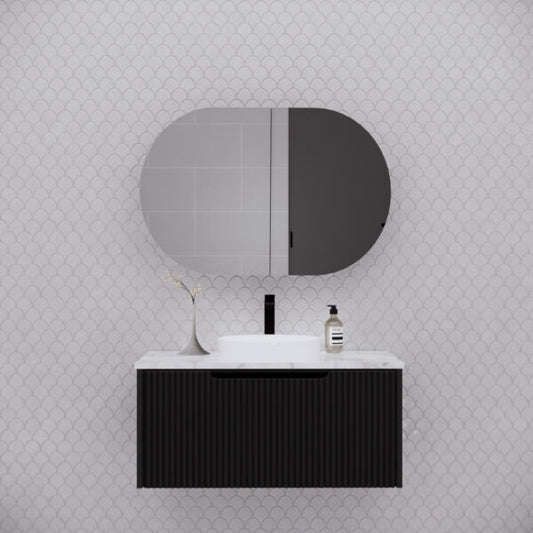 870mm Riva Designer Matte Black Mirror Cabinet - Matte Black