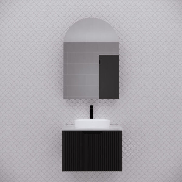 600mm Matt black Matt black Arch shape 1 Door shaving cabinet with 2 adjustable glass shelves and 1 fixed shelf, whloe body is made by plywood - 600 x 870 x 140