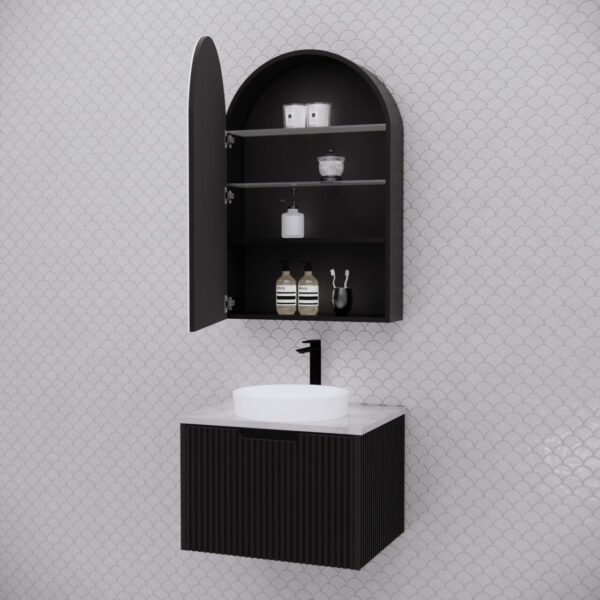 600mm Matt black Matt black Arch shape 1 Door shaving cabinet with 2 adjustable glass shelves and 1 fixed shelf, whloe body is made by plywood - 600 x 870 x 140