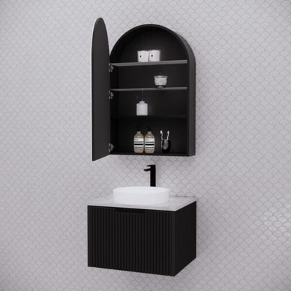 600mm Matt black Matt black Arch shape 1 Door shaving cabinet with 2 adjustable glass shelves and 1 fixed shelf, whloe body is made by plywood - 600 x 870 x 140