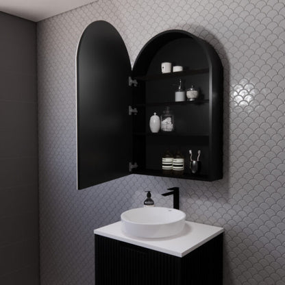 600mm Matt black Matt black Arch shape 1 Door shaving cabinet with 2 adjustable glass shelves and 1 fixed shelf, whloe body is made by plywood - 600 x 870 x 140