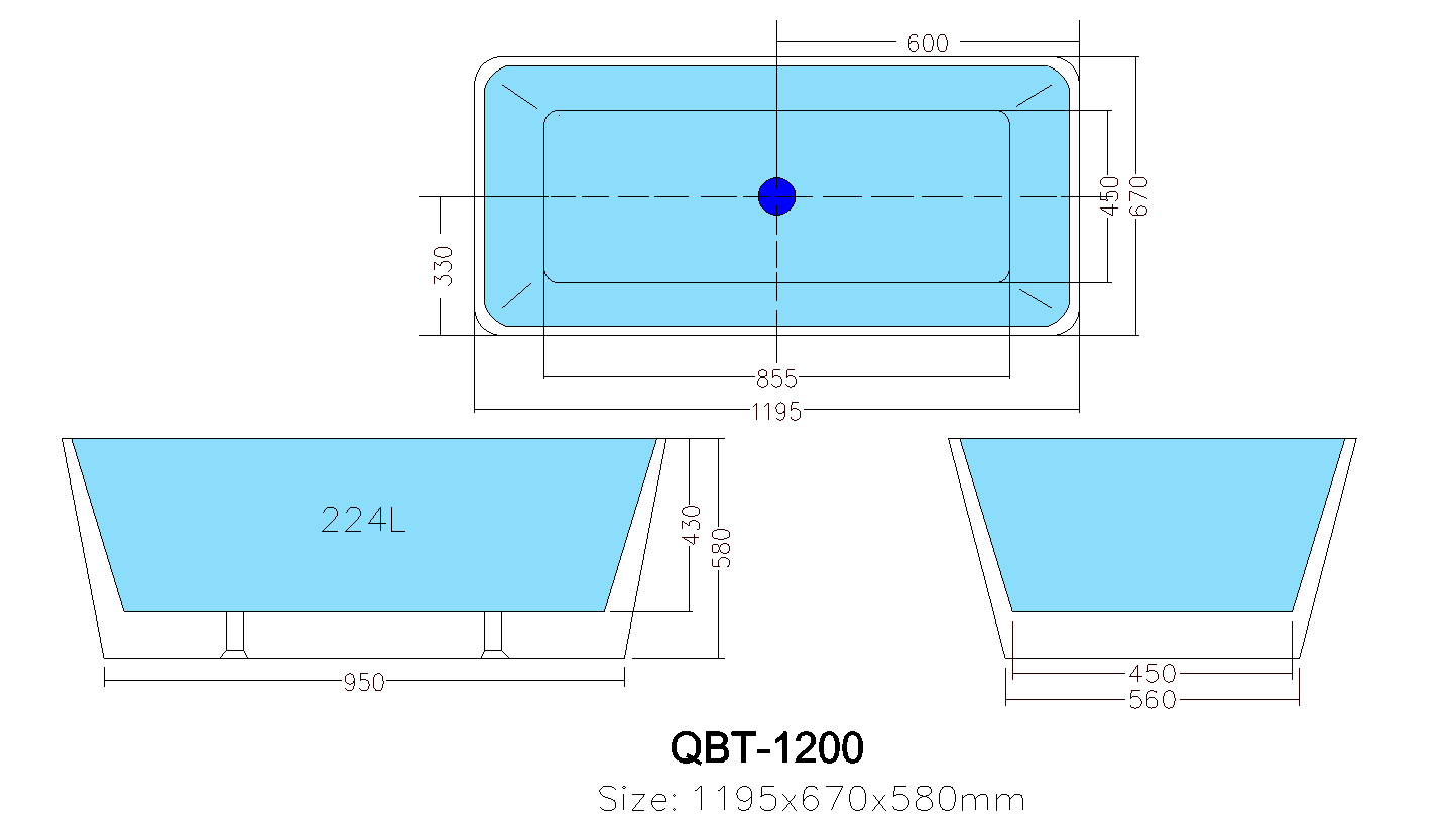 1200mm Freestanding Bathtub - No Overflow - Gloss White