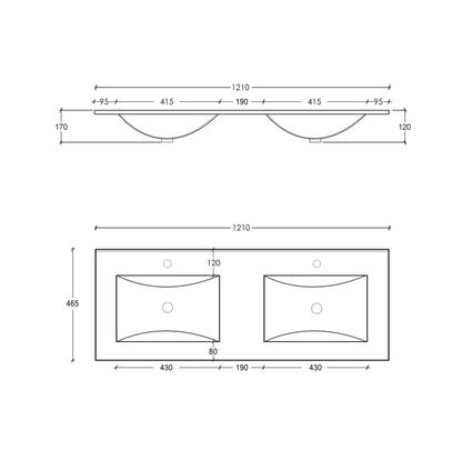 Slim Line Ceramic Top 1200x460x170 Double Bowl with Taphole & Overflow