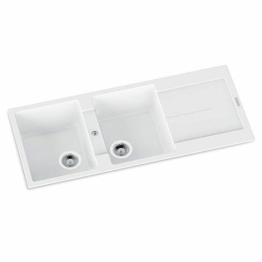White Carysil Enigma D200 Granite Double Bowl with Drain Board Stone Kitchen Sink 1160*460*200mm