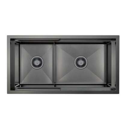 820mm Gun Metal PINIZ 1 & 1/2 Bowl Workstation Kitchen Sink - Slide Lip - Nano Coated 1.2mm Thick Stainless Steel - Anti-Scratch
