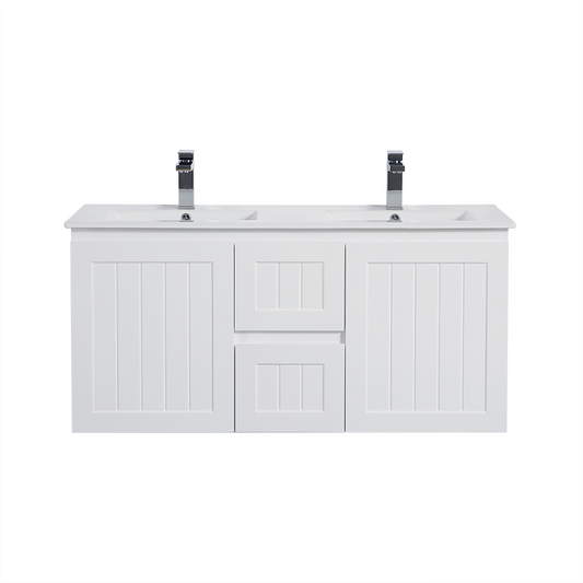 1200mm Acacia Wall Hung Vanity PVC Cabinet Only - Double Bowl - Matte White
