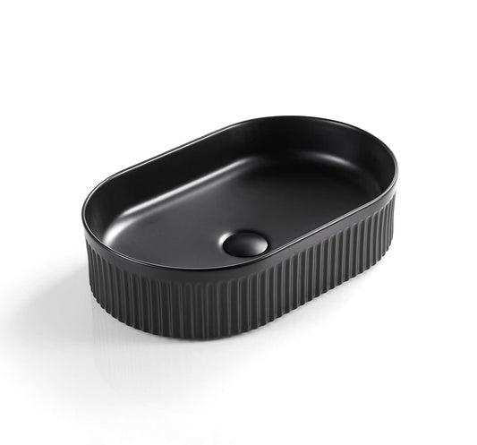 Oval Above Counter Ceramic Basin Ultra Slim - Fluted - Matt Black - 580x360x120mm