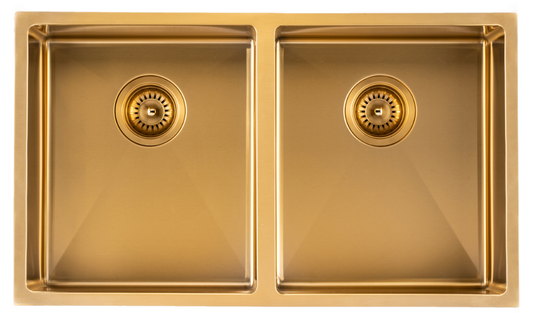 Brushed Gold 1.2mm Handmade   Top/Undermount Double Bowls Kitchen Sink - 770x450x215mm