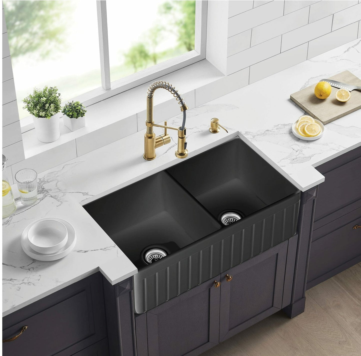 828mm Greenwich Fireclay Farmhouse Double Sink - Fluted & Flat Reversible - Matte Black